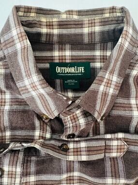 Outdoor Life Men's XL Brown Plaid Flannel Button Up Shirt Long Sleeve Cotton